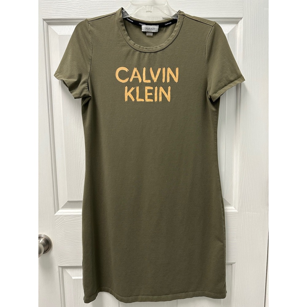 Calvin Klein Womens Green Logo Graphic T-Shirt Dress Size Medium Cotton Mix